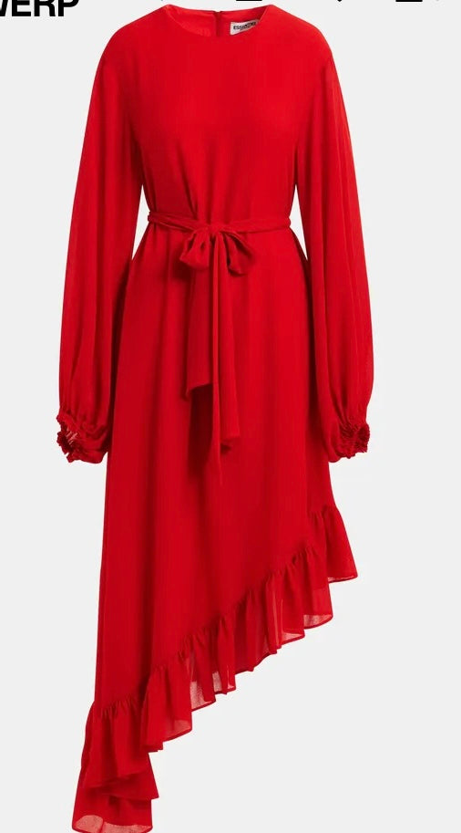 Essentiel Antwerp Red Asymmetrical Dress with Ruffle Hem & Pussybow Tie / Belt