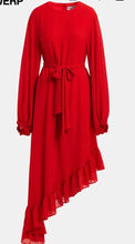 Load image into Gallery viewer, Essentiel Antwerp Red Asymmetrical Dress with Ruffle Hem &amp; Pussybow Tie / Belt
