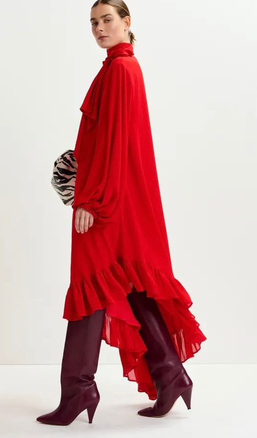 Essentiel Antwerp Red Asymmetrical Dress with Ruffle Hem & Pussybow Tie / Belt