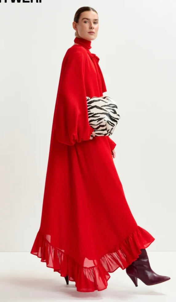 Essentiel Antwerp Red Asymmetrical Dress with Ruffle Hem & Pussybow Tie / Belt