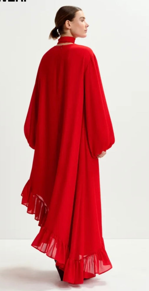 Essentiel Antwerp Red Asymmetrical Dress with Ruffle Hem & Pussybow Tie / Belt