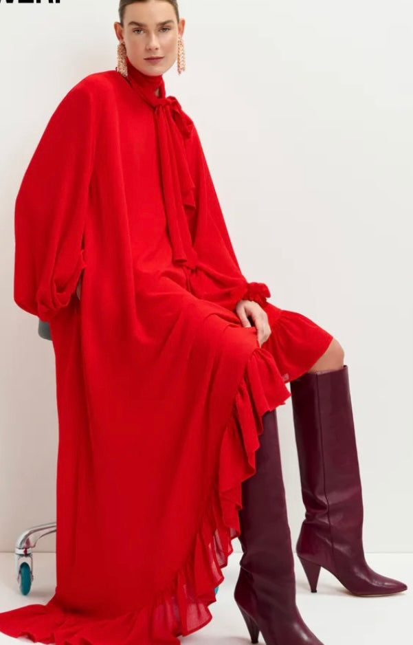 Essentiel Antwerp Red Asymmetrical Dress with Ruffle Hem & Pussybow Tie / Belt