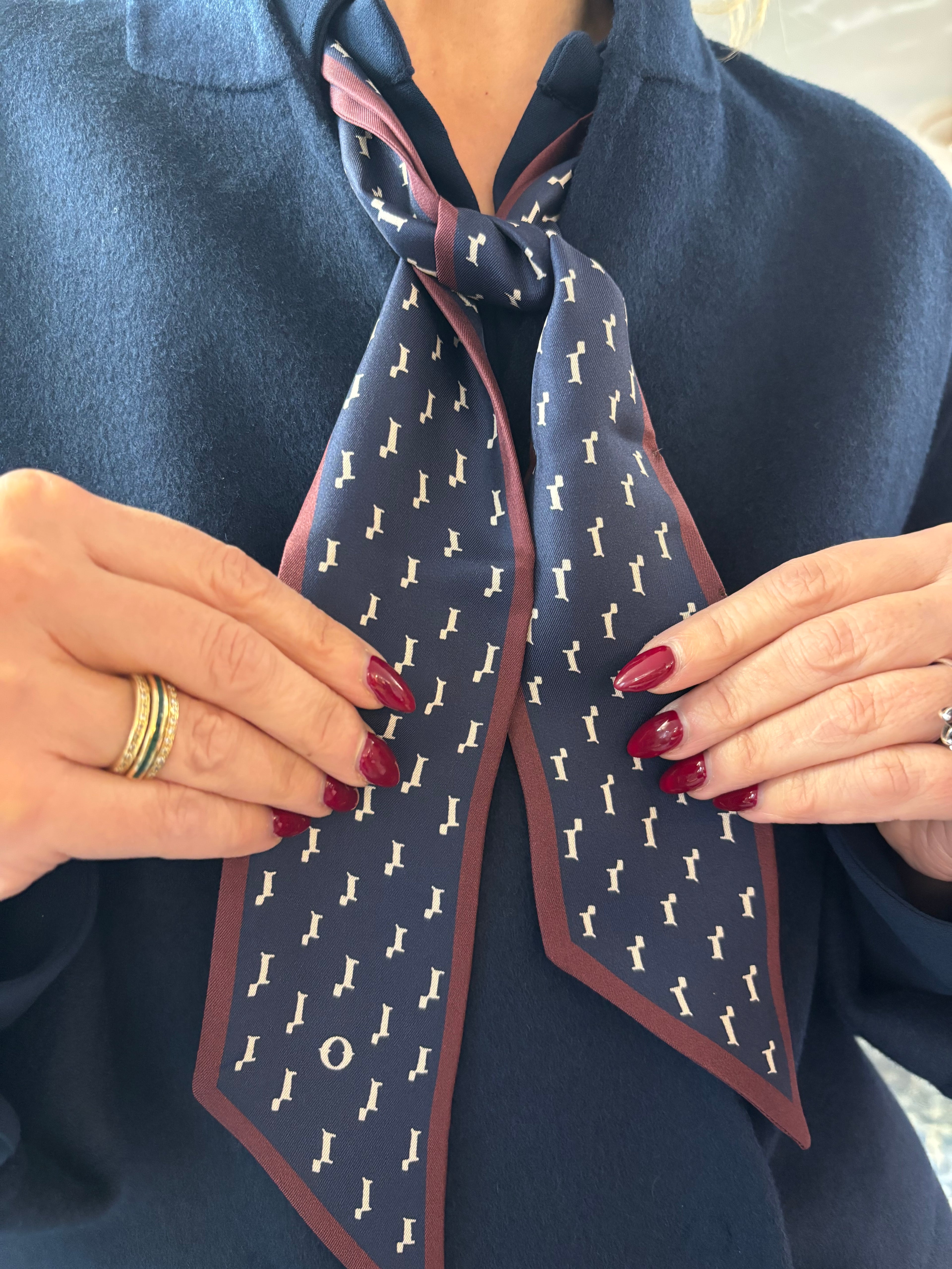 Ottod'Ame Navy & Burgandy Silk Printed Twilly Scarf