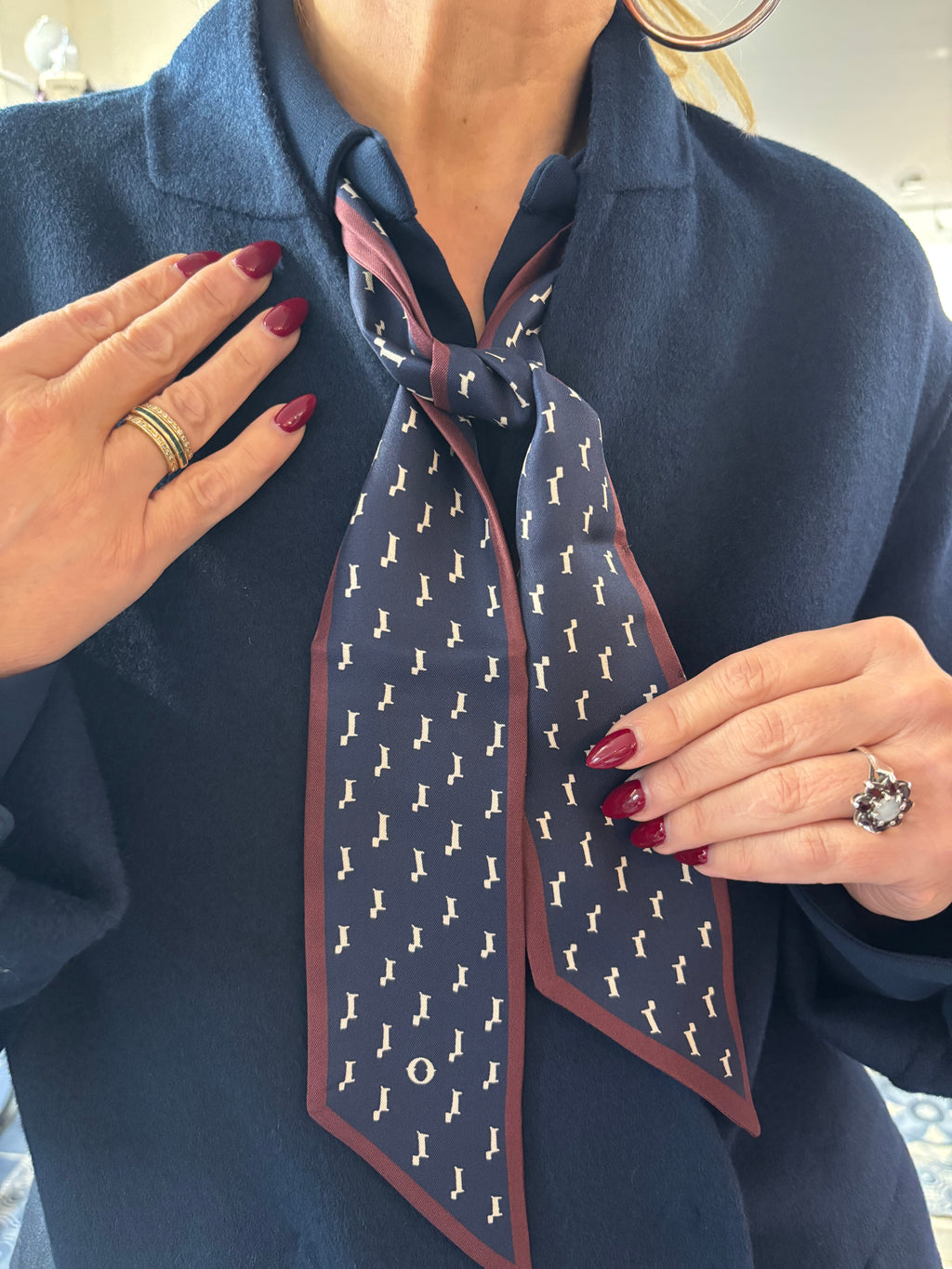 Ottod'Ame Navy & Burgandy Silk Printed Twilly Scarf