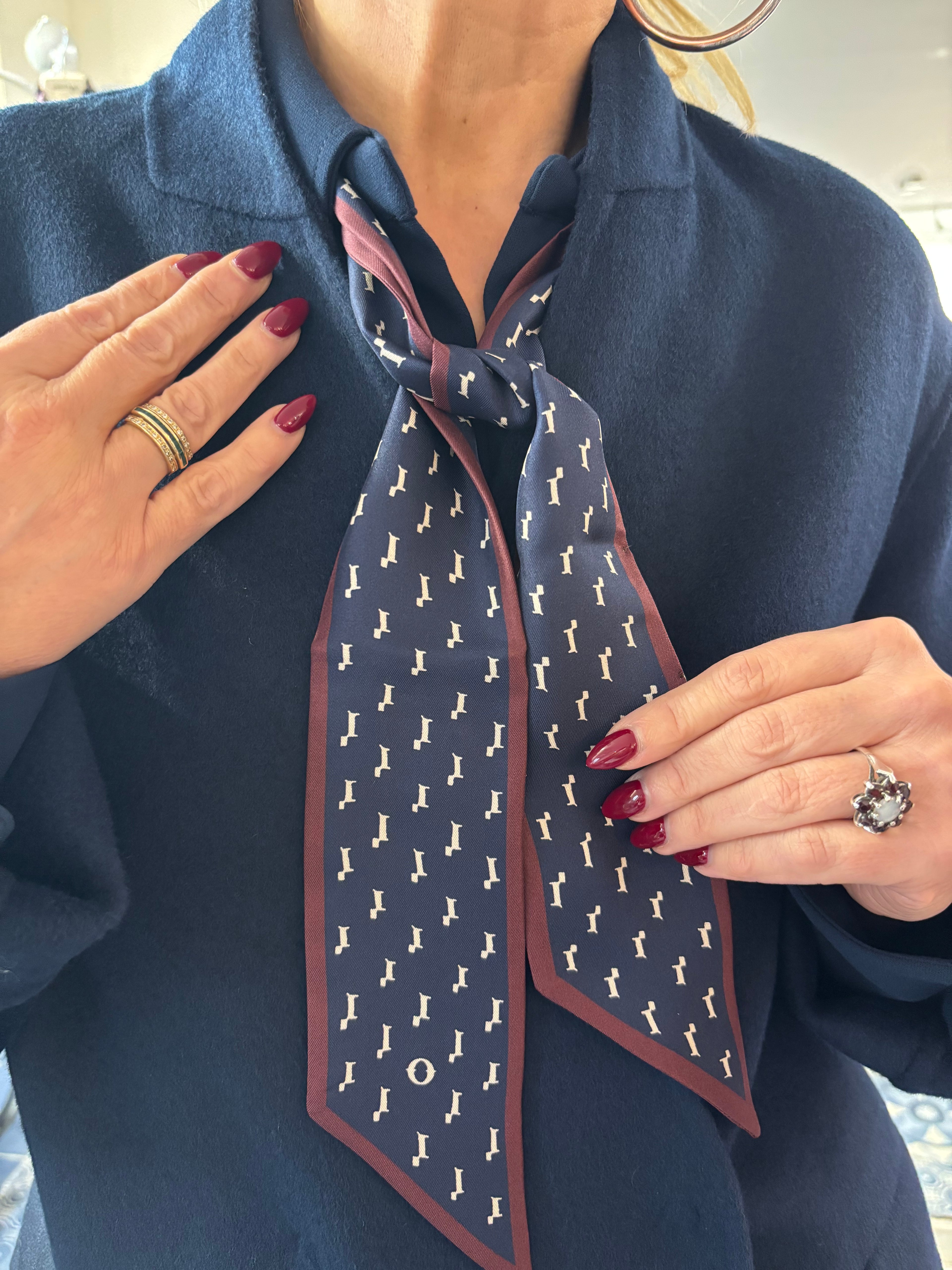 Ottod'Ame Navy & Burgandy Silk Printed Twilly Scarf