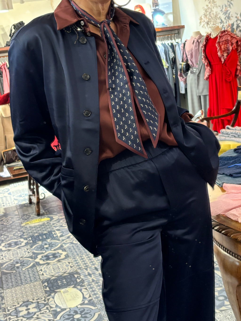 Ottod'Ame Navy & Burgandy Silk Printed Twilly Scarf