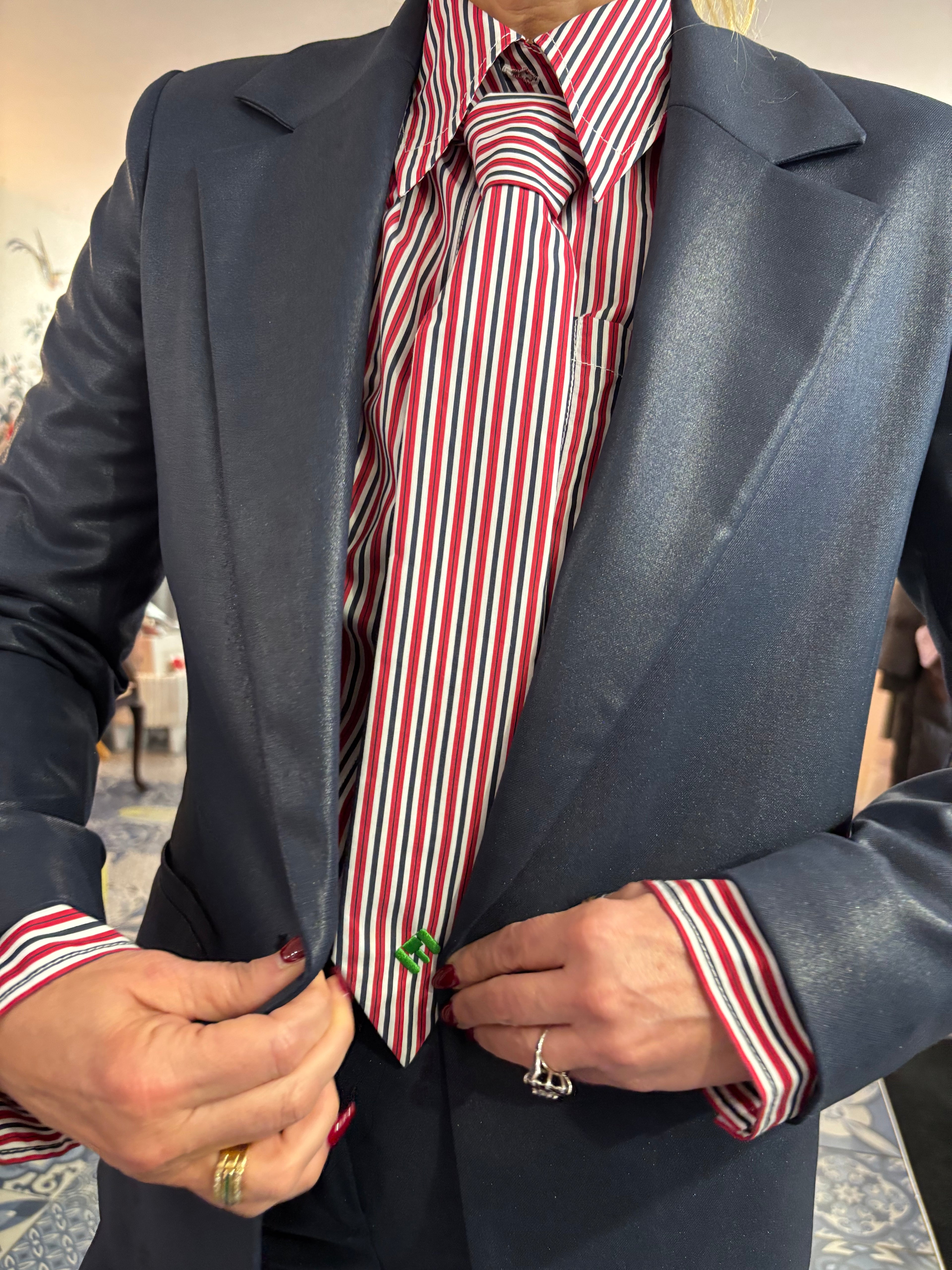 Essentiel Antwerp Red Stripe Cotton Shirt with Neck-Tie