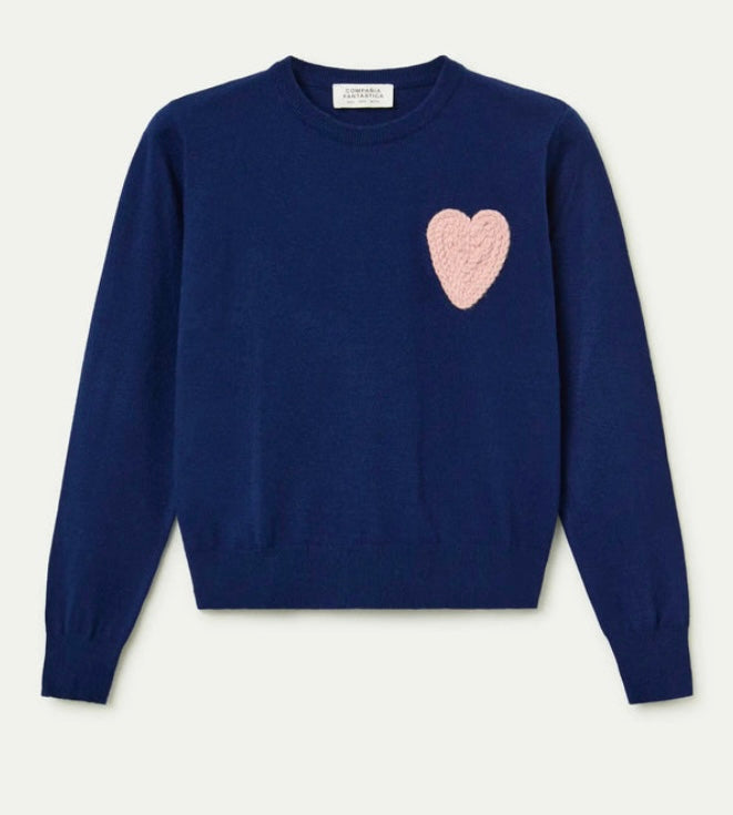 Compañia Fantástica Navy Fine Knit Jumper with Pink Heart