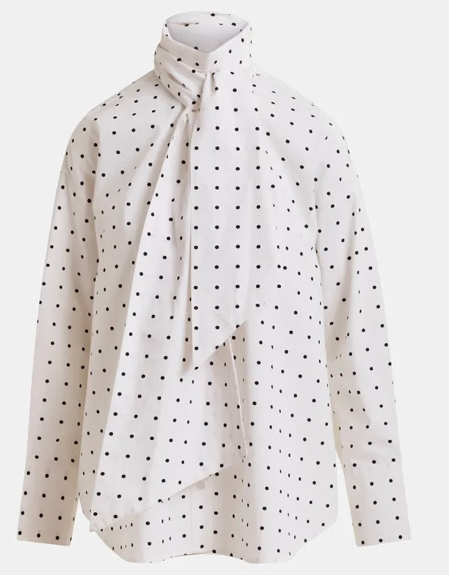 Essentiel Antwerp White with Black Polka Dot Cotton Pussybow Shirt