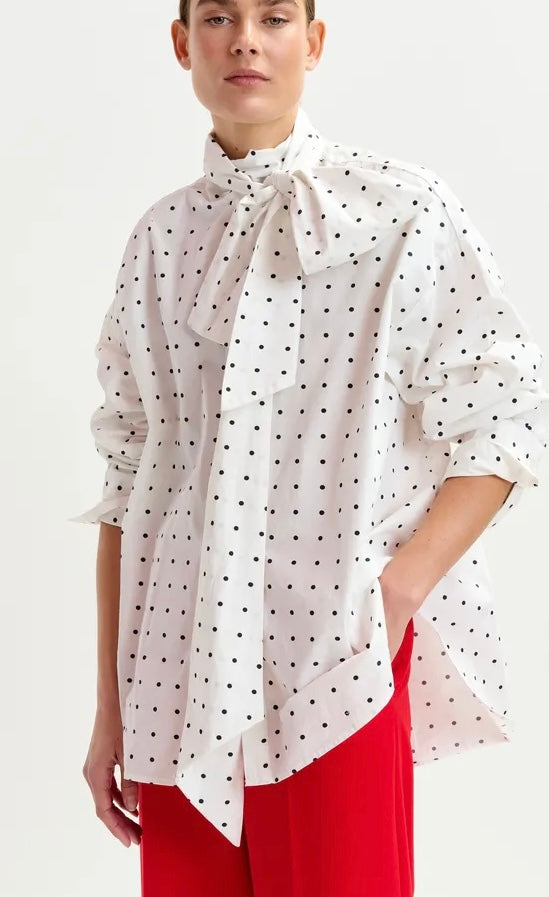 Essentiel Antwerp White with Black Polka Dot Cotton Pussybow Shirt