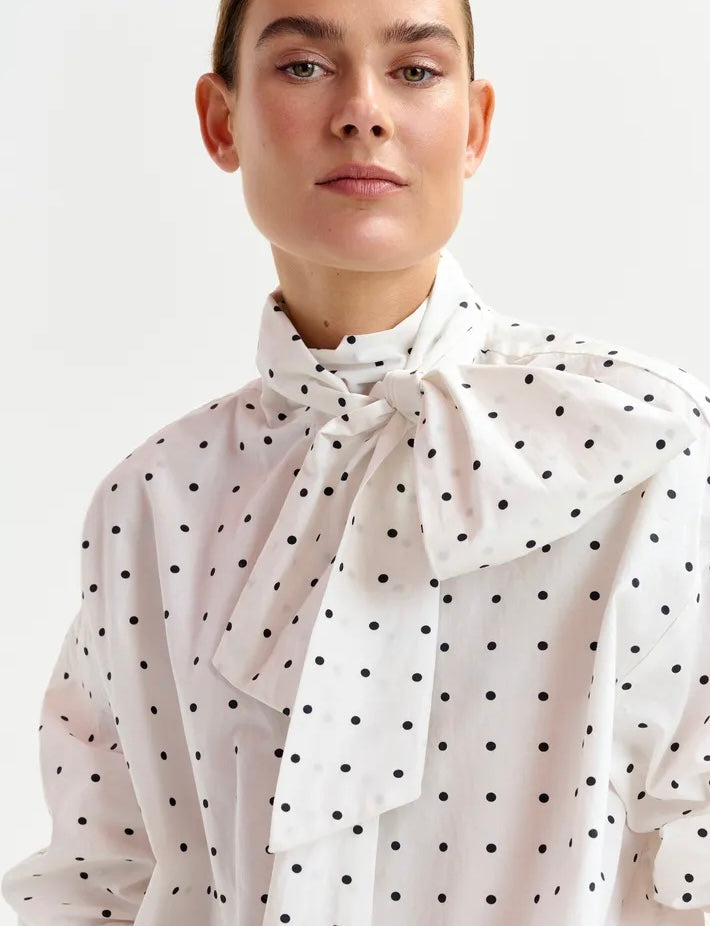 Essentiel Antwerp White with Black Polka Dot Cotton Pussybow Shirt