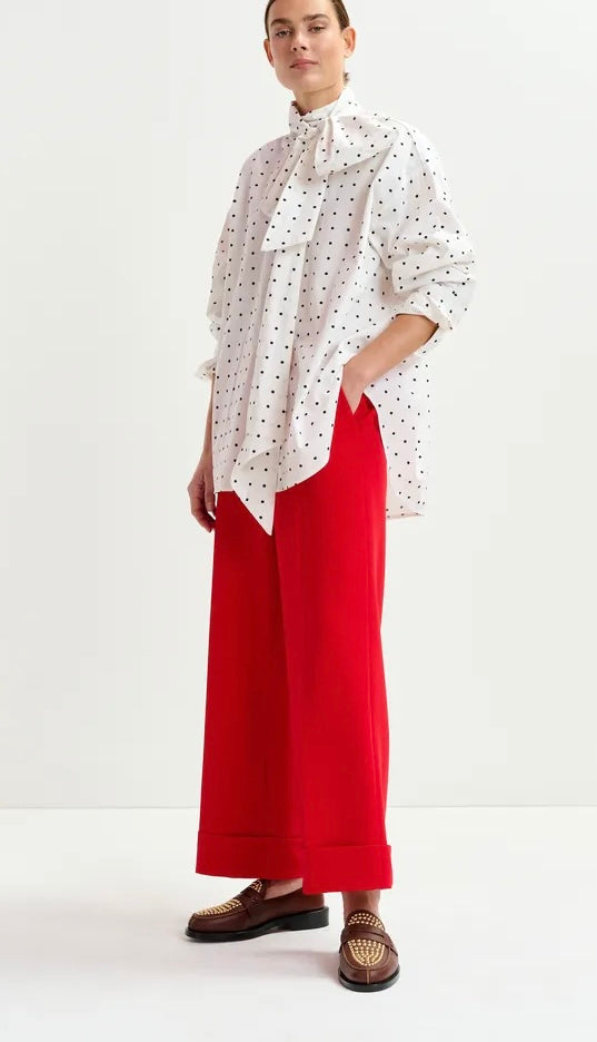 Essentiel Antwerp White with Black Polka Dot Cotton Pussybow Shirt