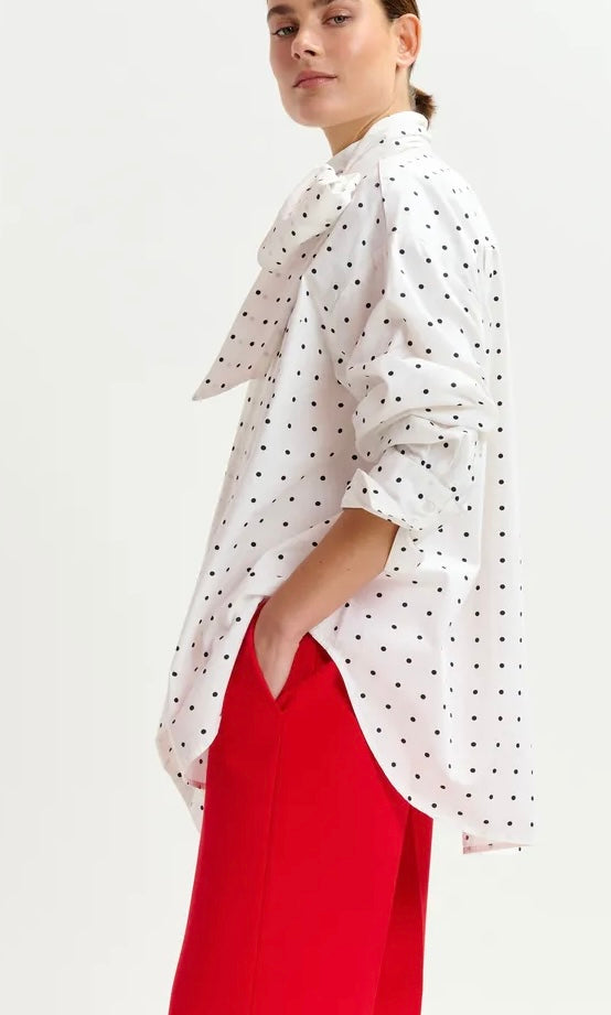 Essentiel Antwerp White with Black Polka Dot Cotton Pussybow Shirt