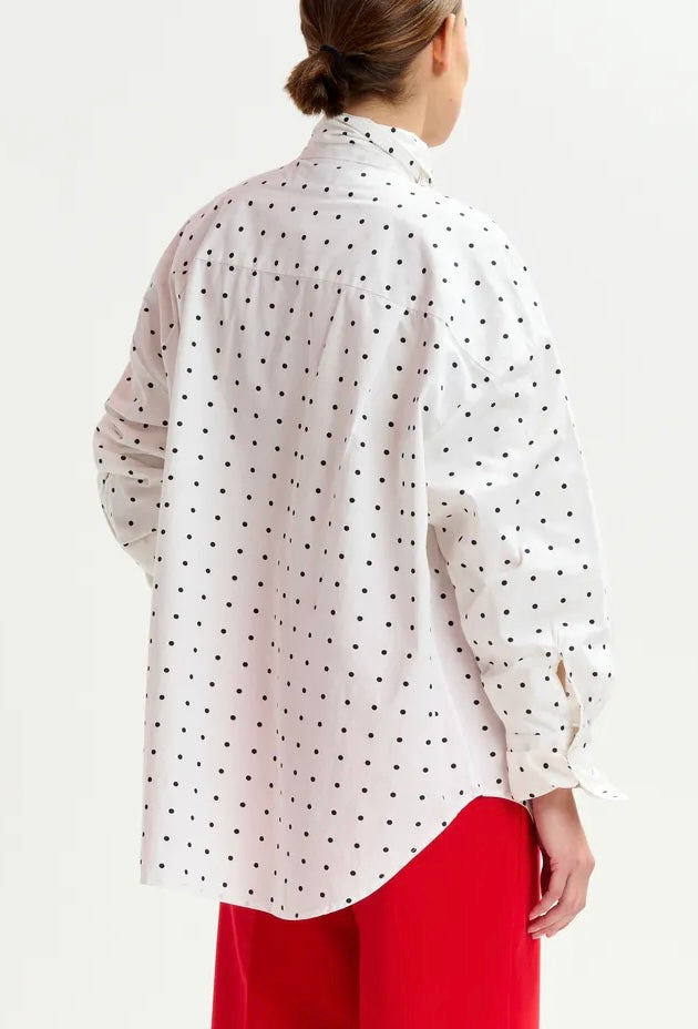 Essentiel Antwerp White with Black Polka Dot Cotton Pussybow Shirt