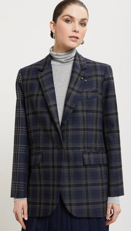 Otto'dame Navy Tartan Wool Oversized Blazer