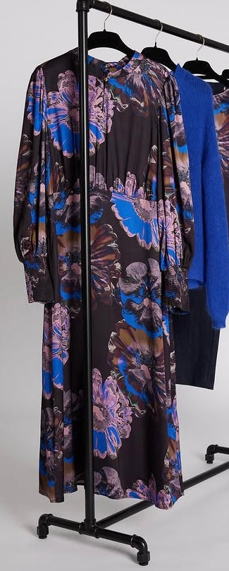 RDF Black Midi Dress with Blue & Lilac Floral Print