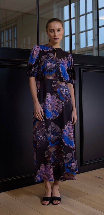 RDF Black Midi Dress with Blue & Lilac Floral Print