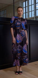 RDF Black Midi Dress with Blue & Lilac Floral Print