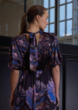 Load image into Gallery viewer, RDF Black Midi Dress with Blue &amp; Lilac Floral Print
