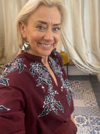 Essentiel Antwerp Burgundy Cotton Shirt with Black & White Applique & Rhinestone Embellishments