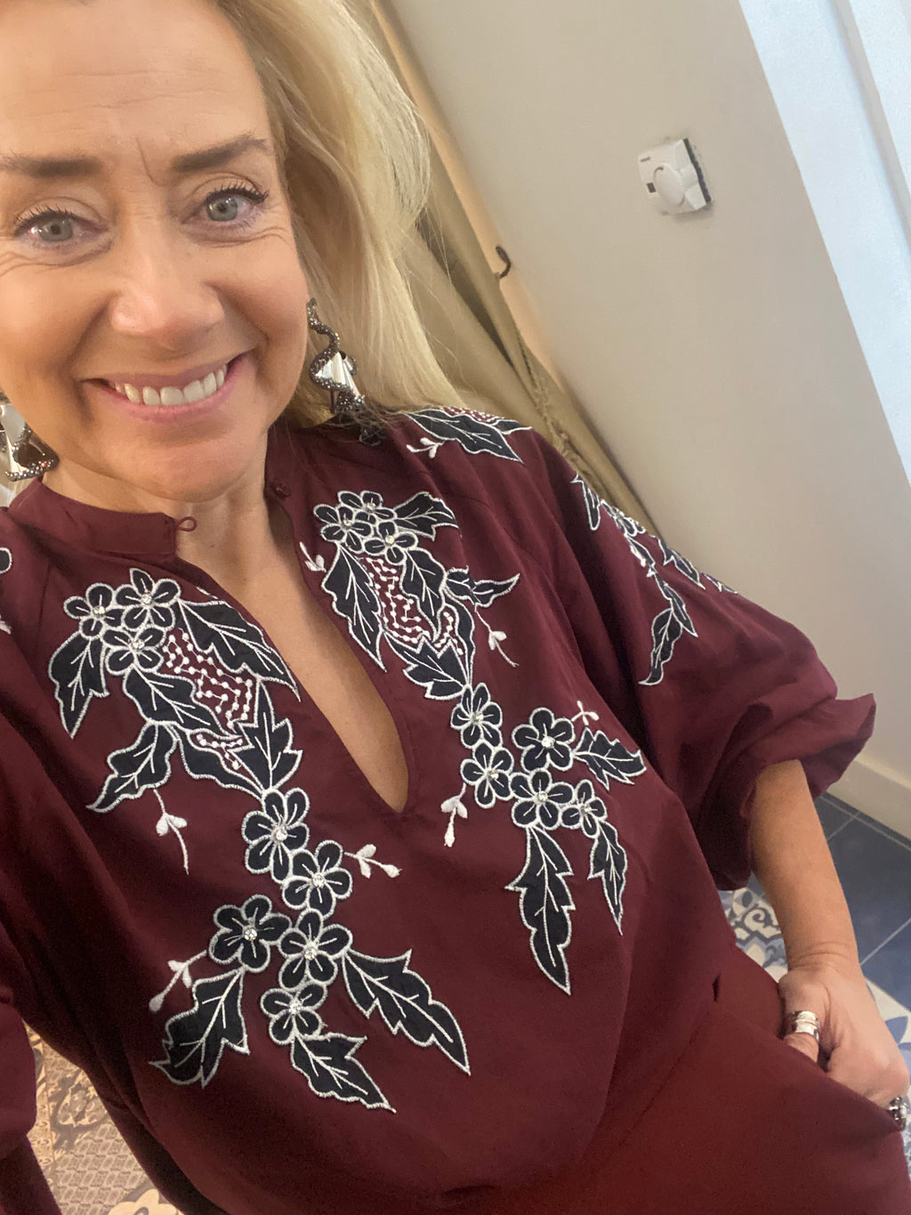 Essentiel Antwerp Burgundy Cotton Shirt with Black & White Applique & Rhinestone Embellishments