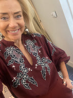 Essentiel Antwerp Burgundy Cotton Shirt with Black & White Applique & Rhinestone Embellishments