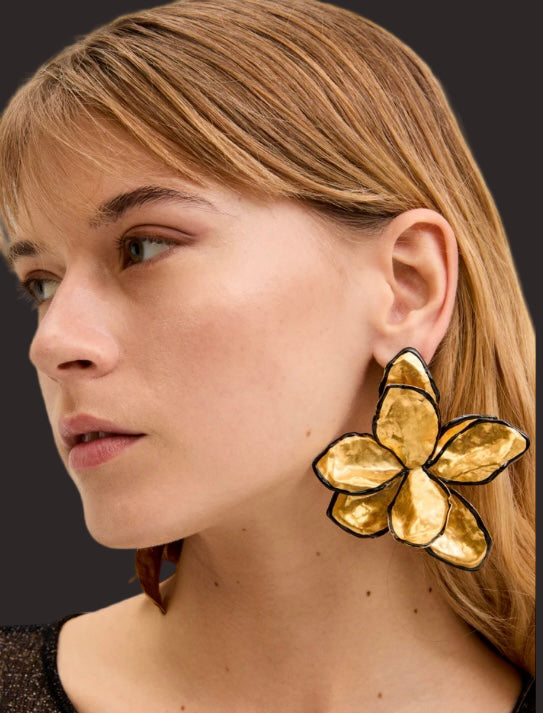 Nali Large Gold & Black Enamel Flower Earrings