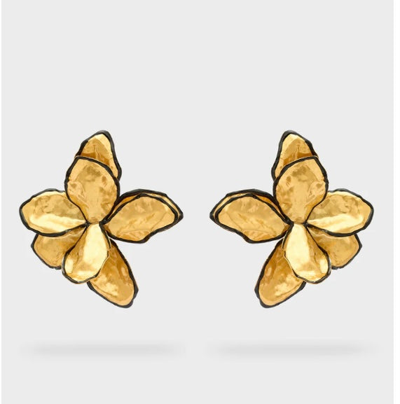 Nali Large Gold & Black Enamel Flower Earrings