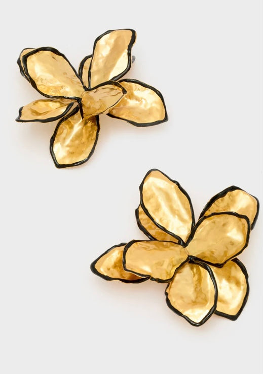 Nali Large Gold & Black Enamel Flower Earrings