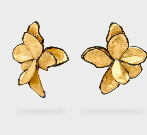Nali Large Gold & Black Enamel Flower Earrings