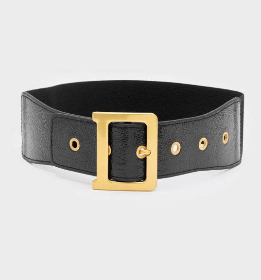 Nali Black Elasticated Belt with Gold Hardware