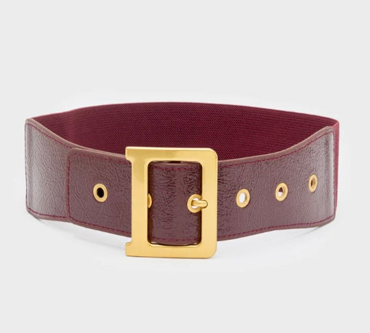Nali Burgandy Elasticated Belt with Gold Hardware