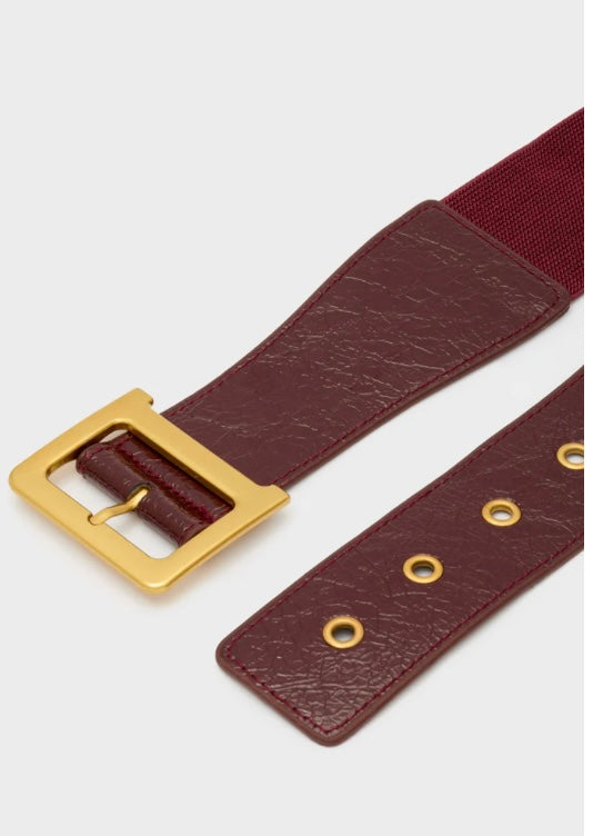 Nali Burgandy Elasticated Belt with Gold Hardware