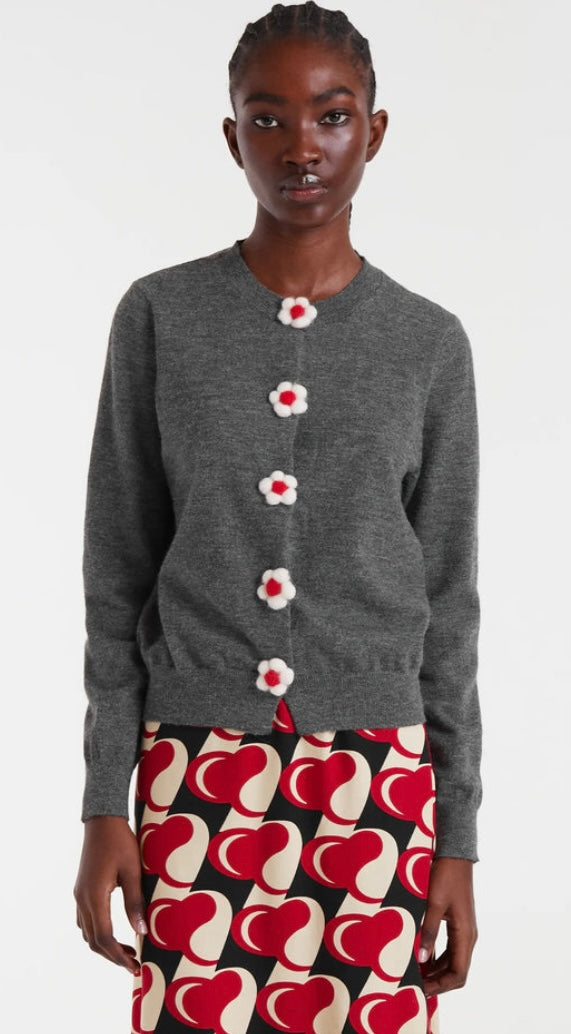 Compania Grey Fine Knit Cardigan with White /Red Flower Buttons