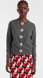 Compania Grey Fine Knit Cardigan with White /Red Flower Buttons