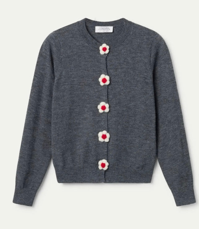 Compania Grey Fine Knit Cardigan with White /Red Flower Buttons