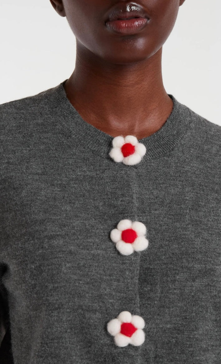 Compania Grey Fine Knit Cardigan with White /Red Flower Buttons