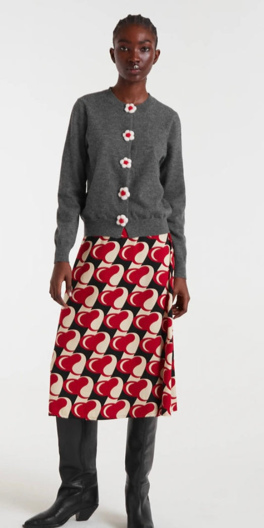 Compania Grey Fine Knit Cardigan with White /Red Flower Buttons