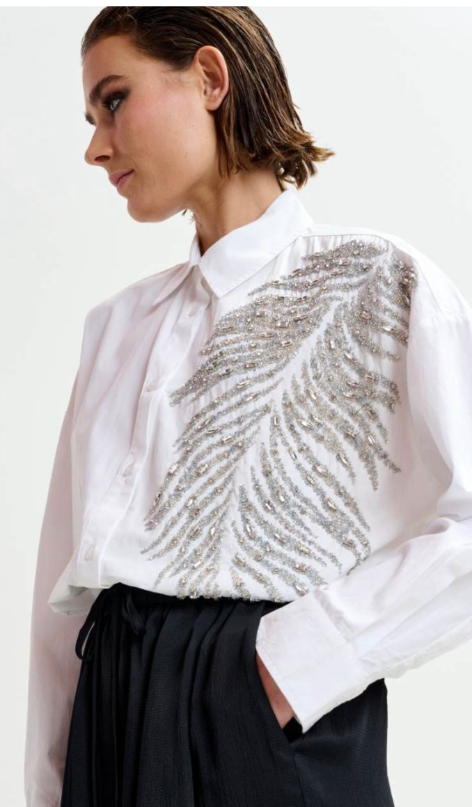 Essentiel Antwerp White Cotton oversized  shirt with Large Leaf sequin & bead embellishment