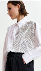 Essentiel Antwerp White Cotton oversized  shirt with Large Leaf sequin & bead embellishment