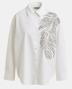 Essentiel Antwerp White Cotton oversized  shirt with Large Leaf sequin & bead embellishment