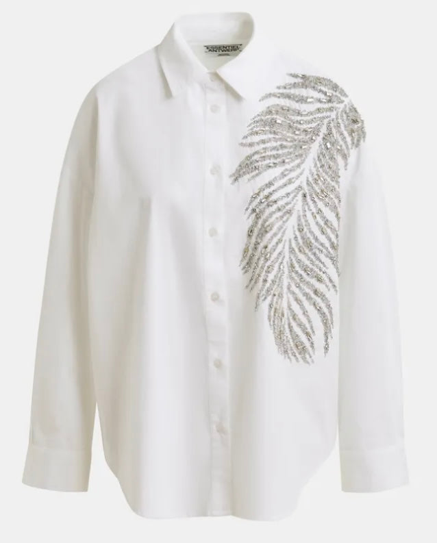 Essentiel Antwerp White Cotton oversized  shirt with Large Leaf sequin & bead embellishment