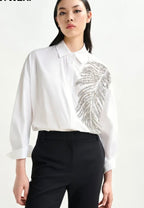 Essentiel Antwerp White Cotton oversized  shirt with Large Leaf sequin & bead embellishment