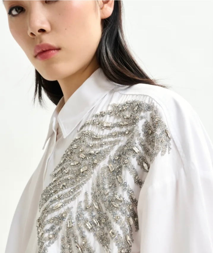Essentiel Antwerp White Cotton oversized  shirt with Large Leaf sequin & bead embellishment