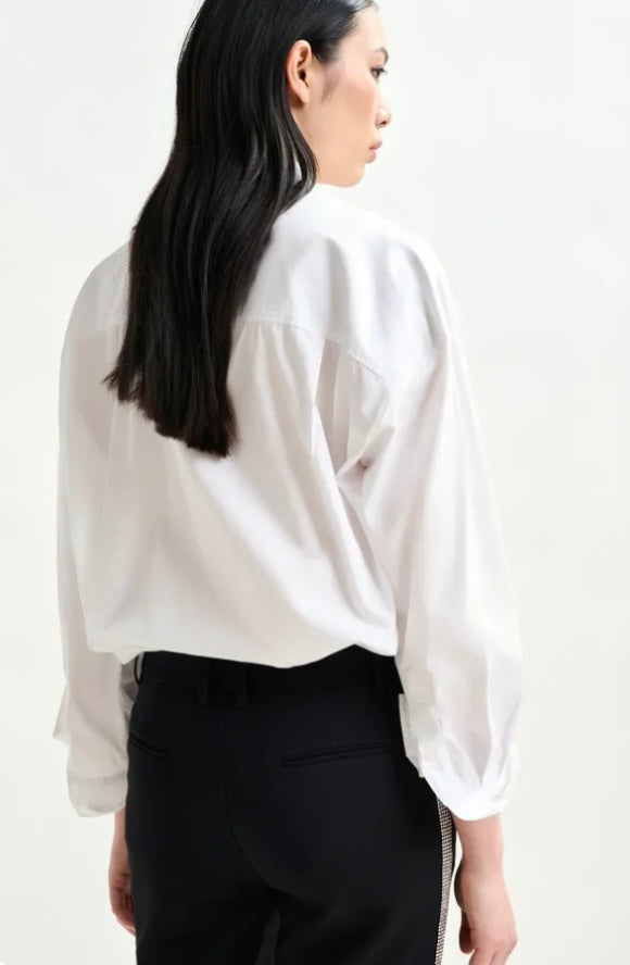 Essentiel Antwerp White Cotton oversized  shirt with Large Leaf sequin & bead embellishment