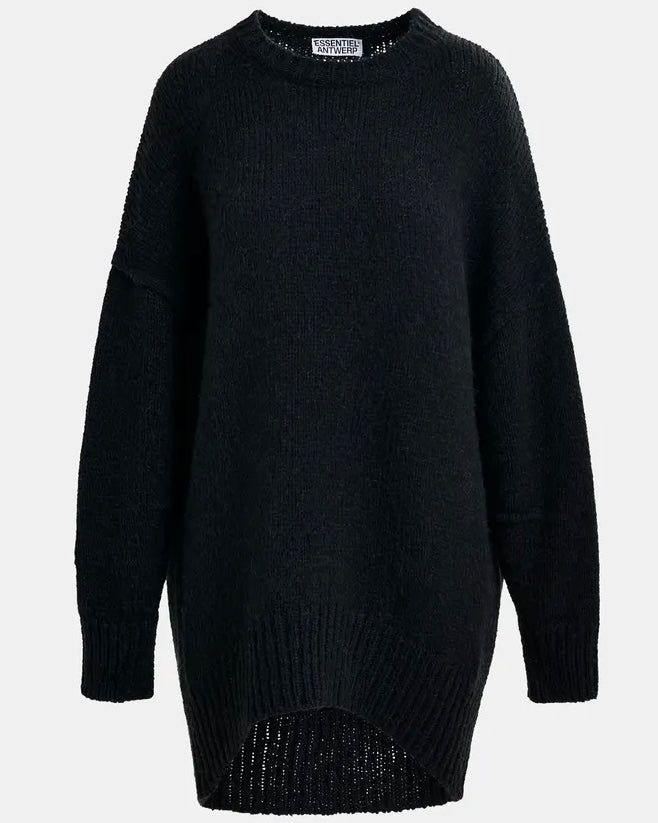 Essentiel Antwerp Black knit mini dress with ruffle detail
