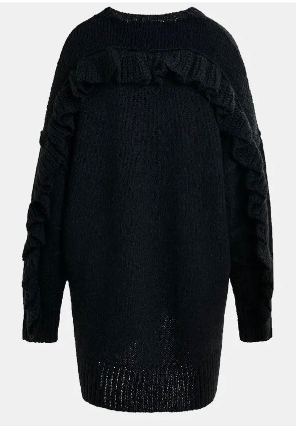 Essentiel Antwerp Black knit mini dress with ruffle detail