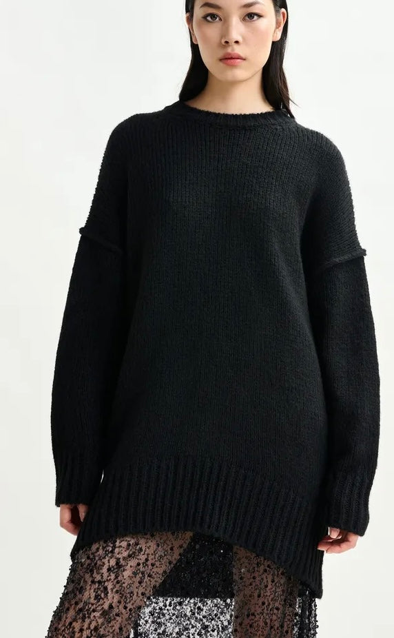Essentiel Antwerp Black knit mini dress with ruffle detail