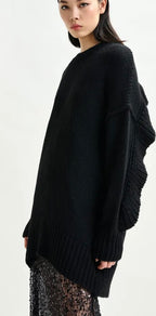 Essentiel Antwerp Black knit mini dress with ruffle detail