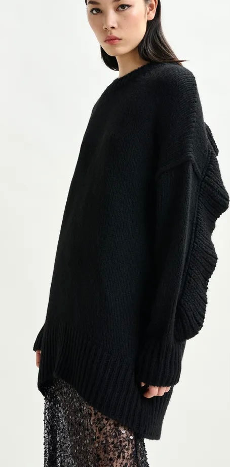 Essentiel Antwerp Black knit mini dress with ruffle detail